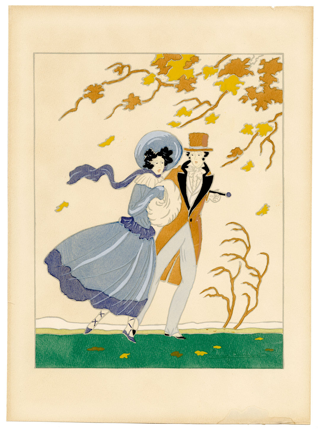 Lucien Baubaut, Autunno: Le quattro stagioni – Pochoir gouache originale degli anni '20