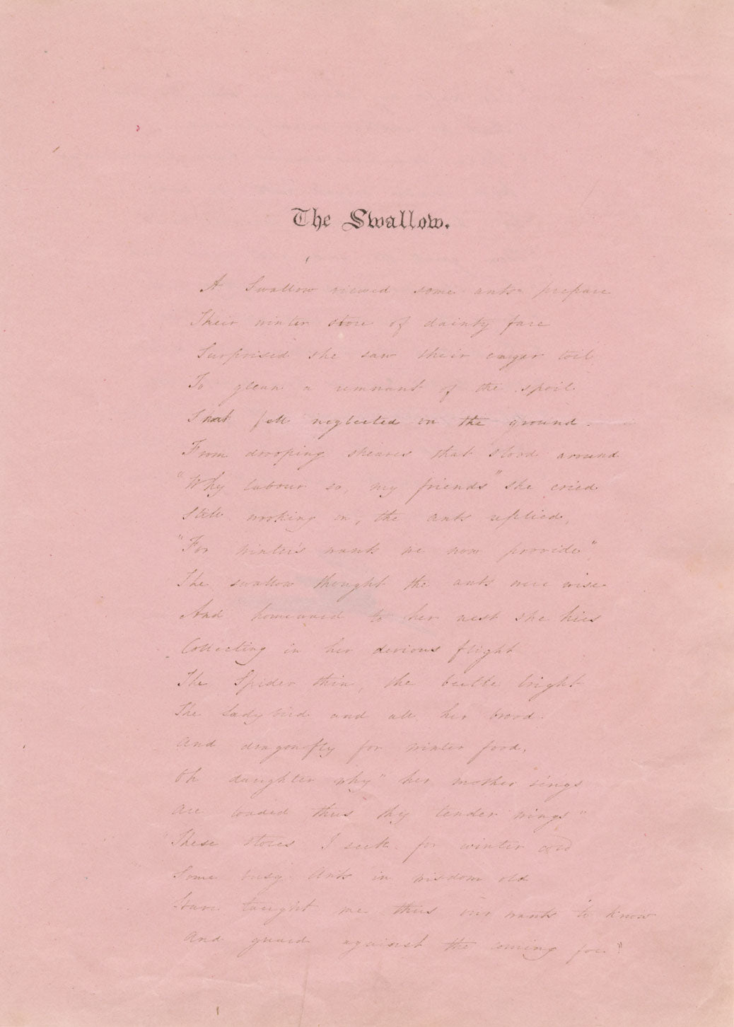 Poem 'The Swallow' with Feather Illustration – early C19th handwritten sheet