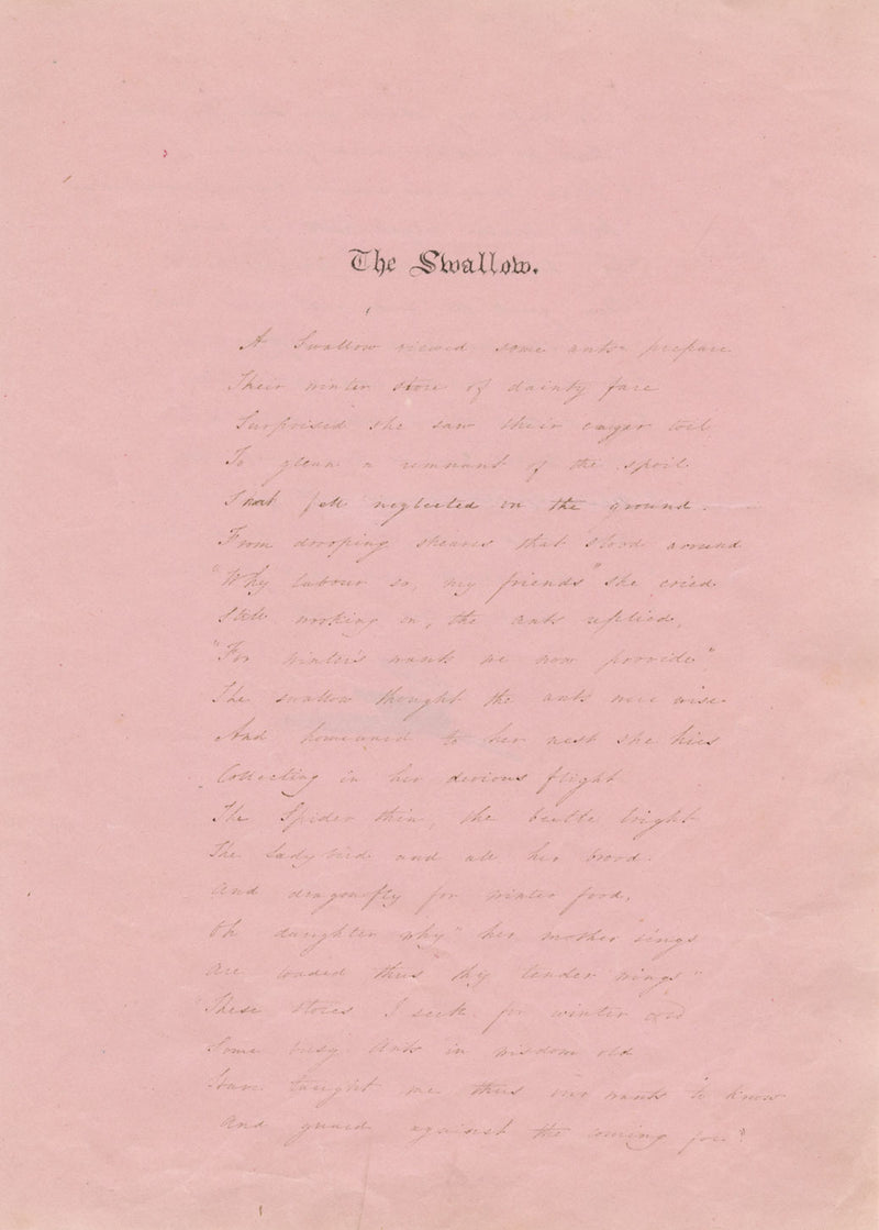Poem 'The Swallow' with Feather Illustration – early C19th handwritten sheet