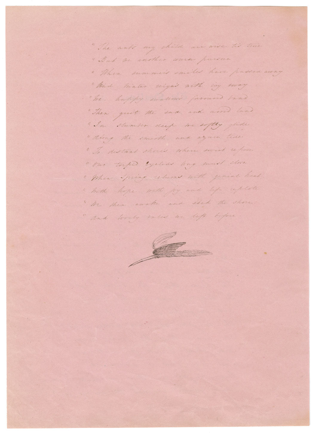 Poesia "La rondine" con illustrazione di piuma – foglio manoscritto dei primi anni del XIX secolo