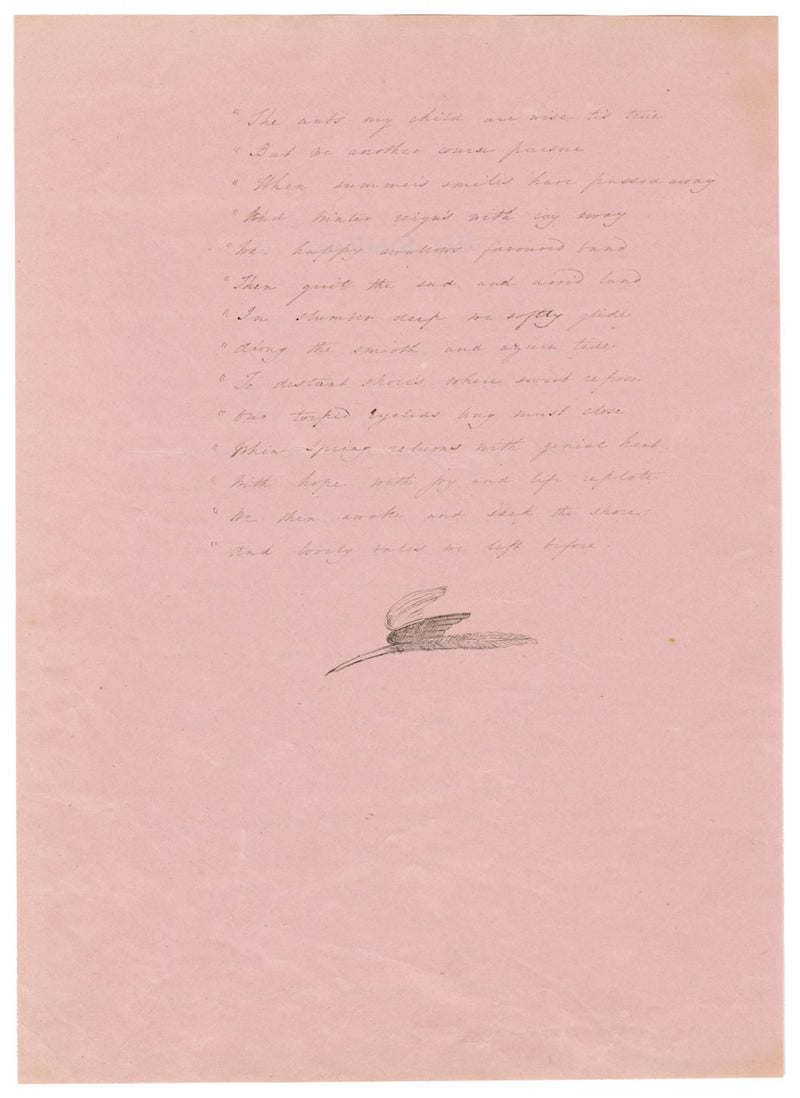 Poesia "La rondine" con illustrazione di piuma – foglio manoscritto dei primi anni del XIX secolo