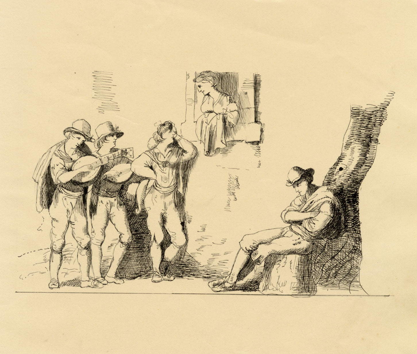 The Serenade after Bartolomeo Pinelli – early 19th-century pen & ink drawing