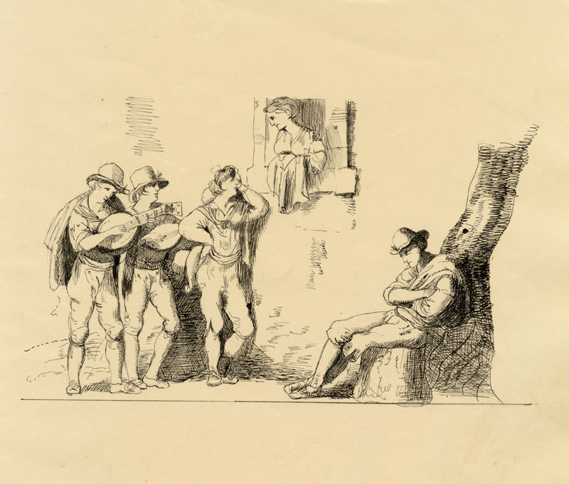 The Serenade after Bartolomeo Pinelli – early 19th-century pen & ink drawing