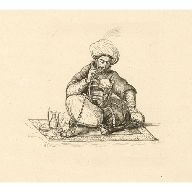 E.S., Arab with Hookah Pipe – Original early 19th-century pen & ink drawing