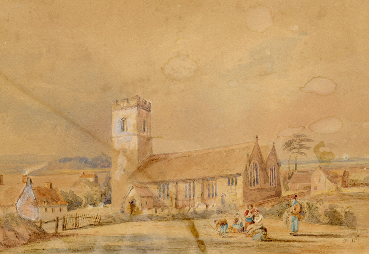 C. Davy, Rural Church with Rustic Figures – Original 1839 watercolour painting
