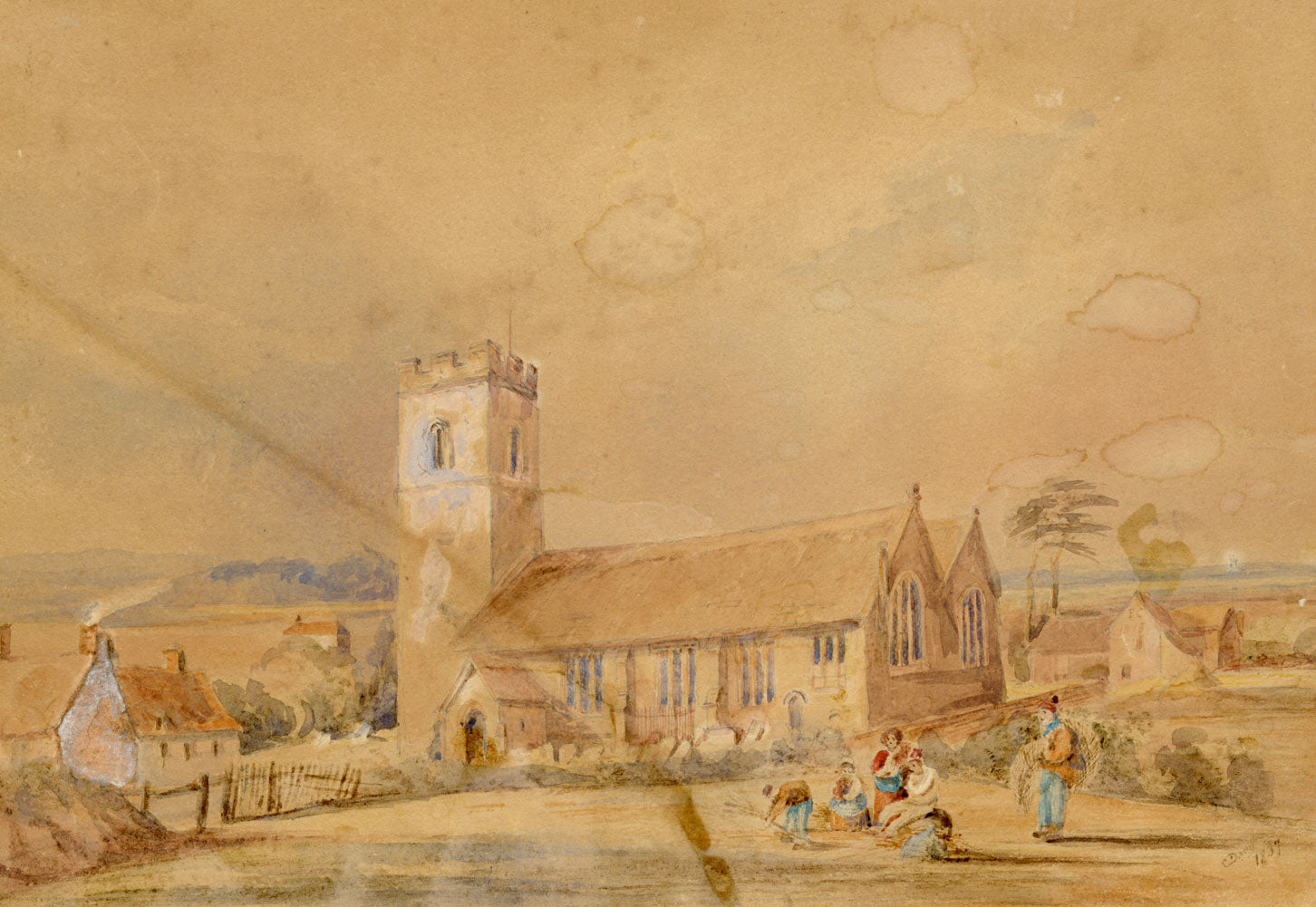 C. Davy, Rural Church with Rustic Figures – Original 1839 watercolour painting