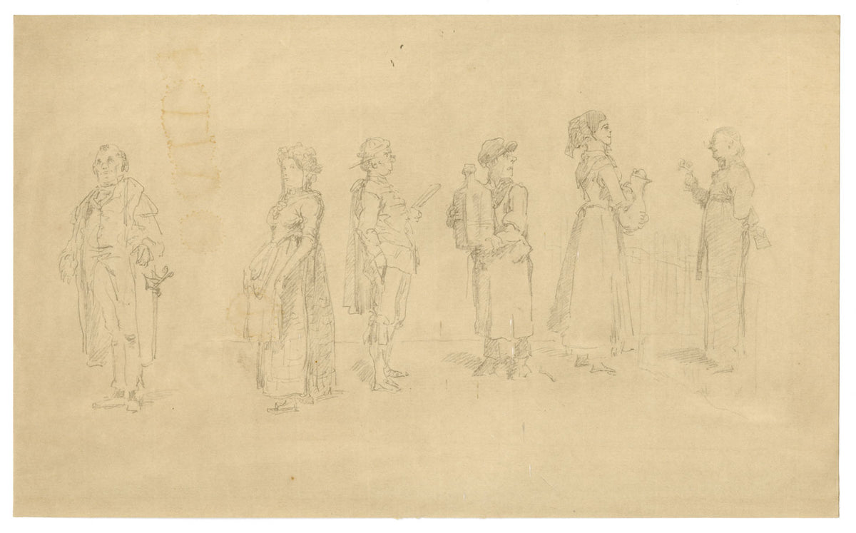A Sheet of Caricatural Figure Studies – Original 19th-century graphite drawing