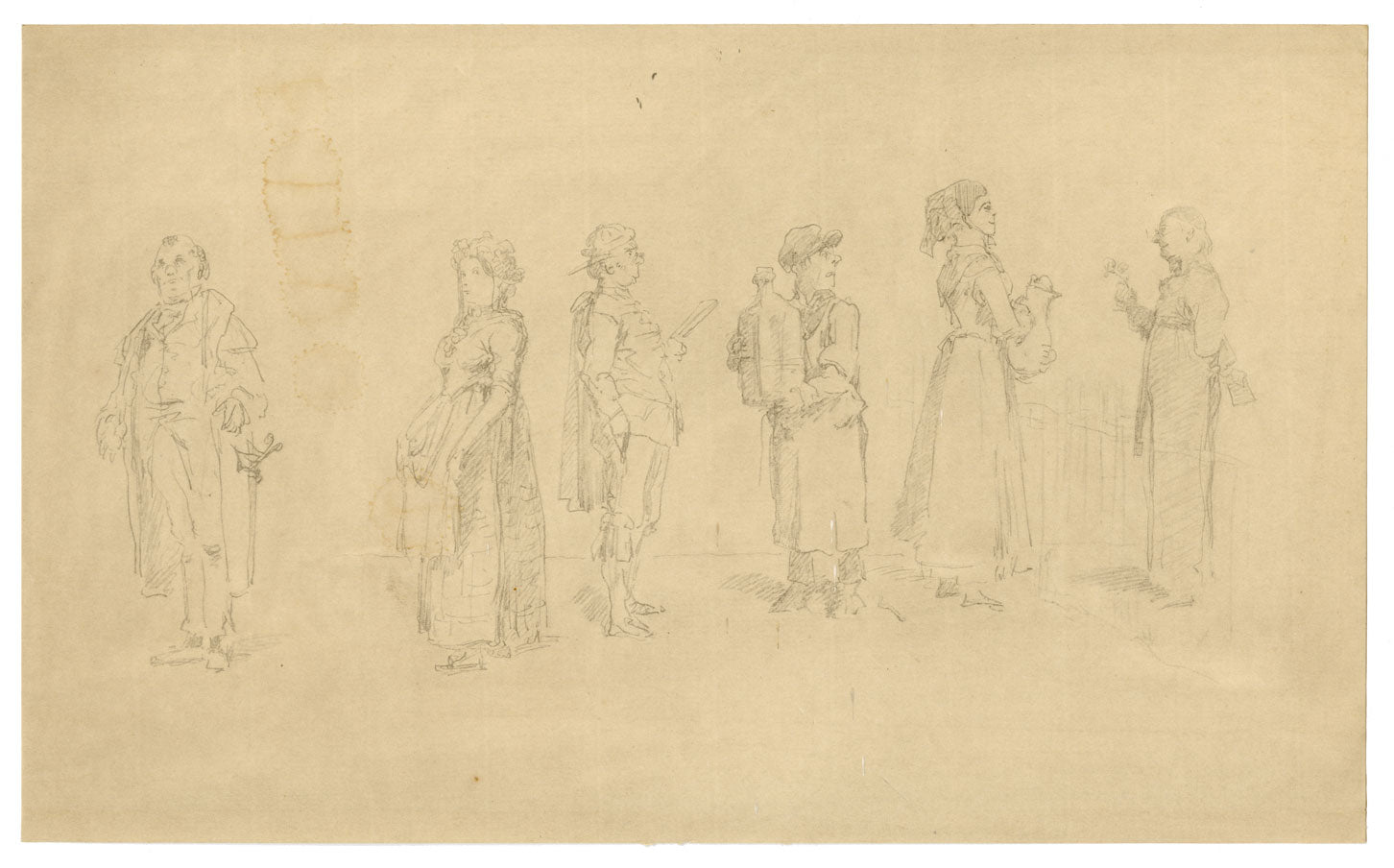 A Sheet of Caricatural Figure Studies – Original 19th-century graphite drawing