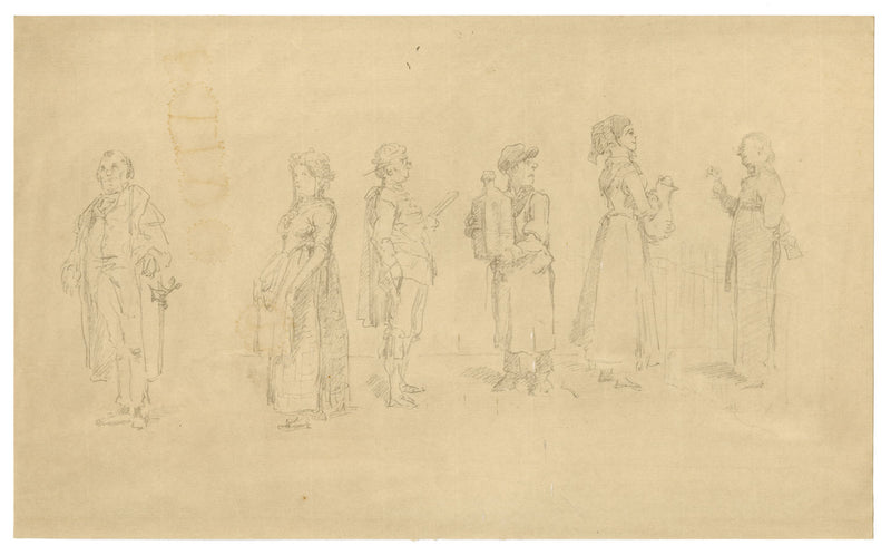 A Sheet of Caricatural Figure Studies – Original 19th-century graphite drawing