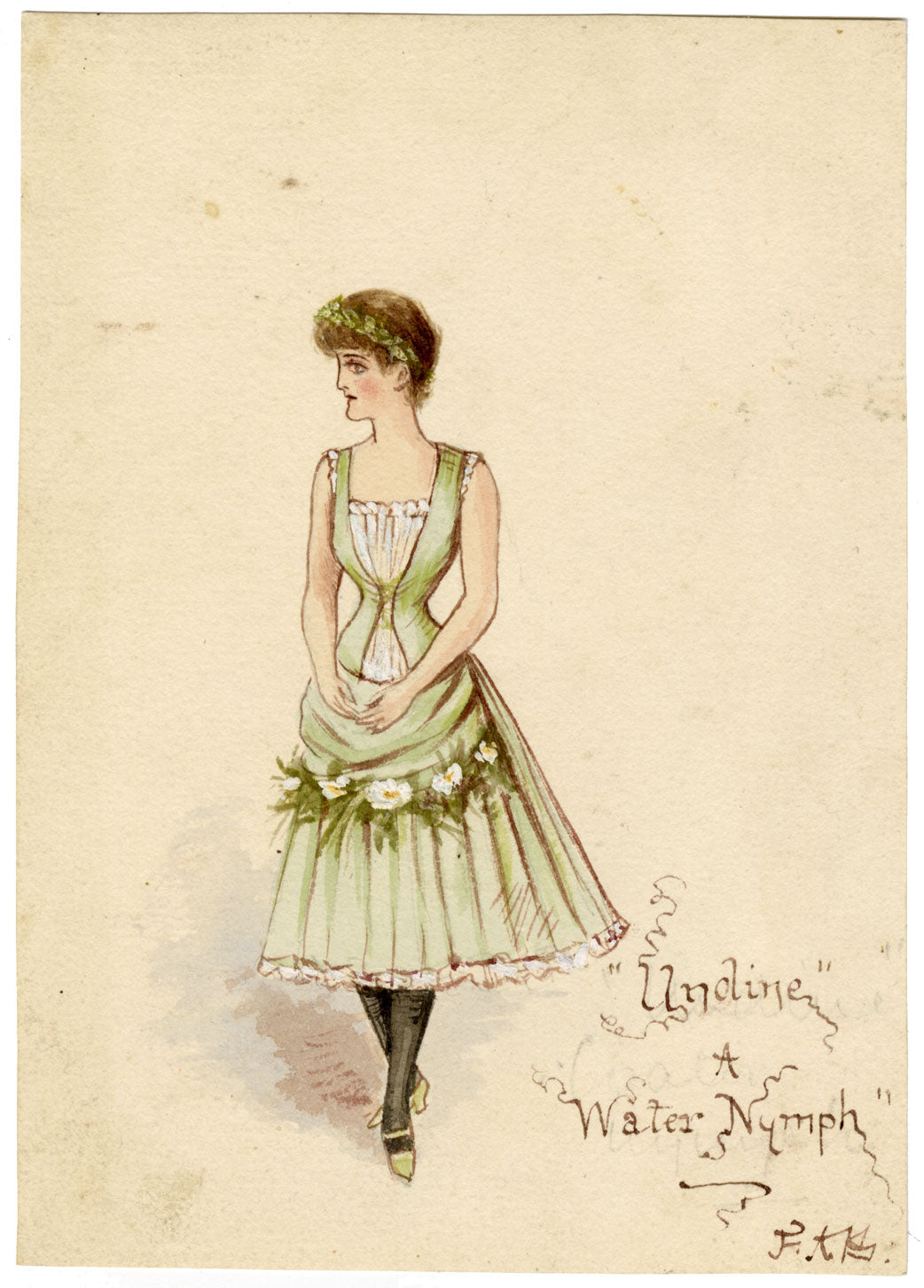 F.A.B., Theatre Costume: 'Undine' A Water Nymph – 1880s watercolour painting