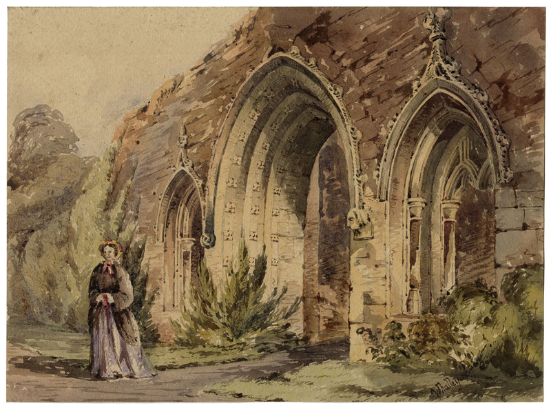 Whalley Abbey, Lancashire – Original mid-19th-century watercolour painting