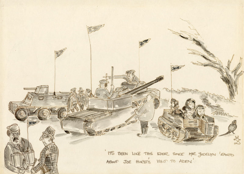 M.D., British Army in Aden Cartoon – Original mid-20th-century pen & ink drawing