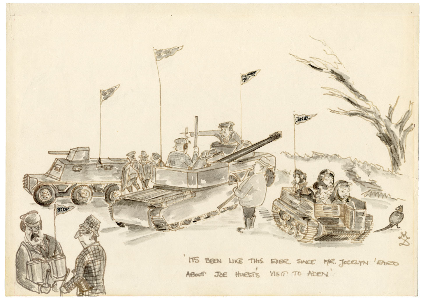 M.D., British Army in Aden Cartoon – Original mid-20th-century pen & ink drawing