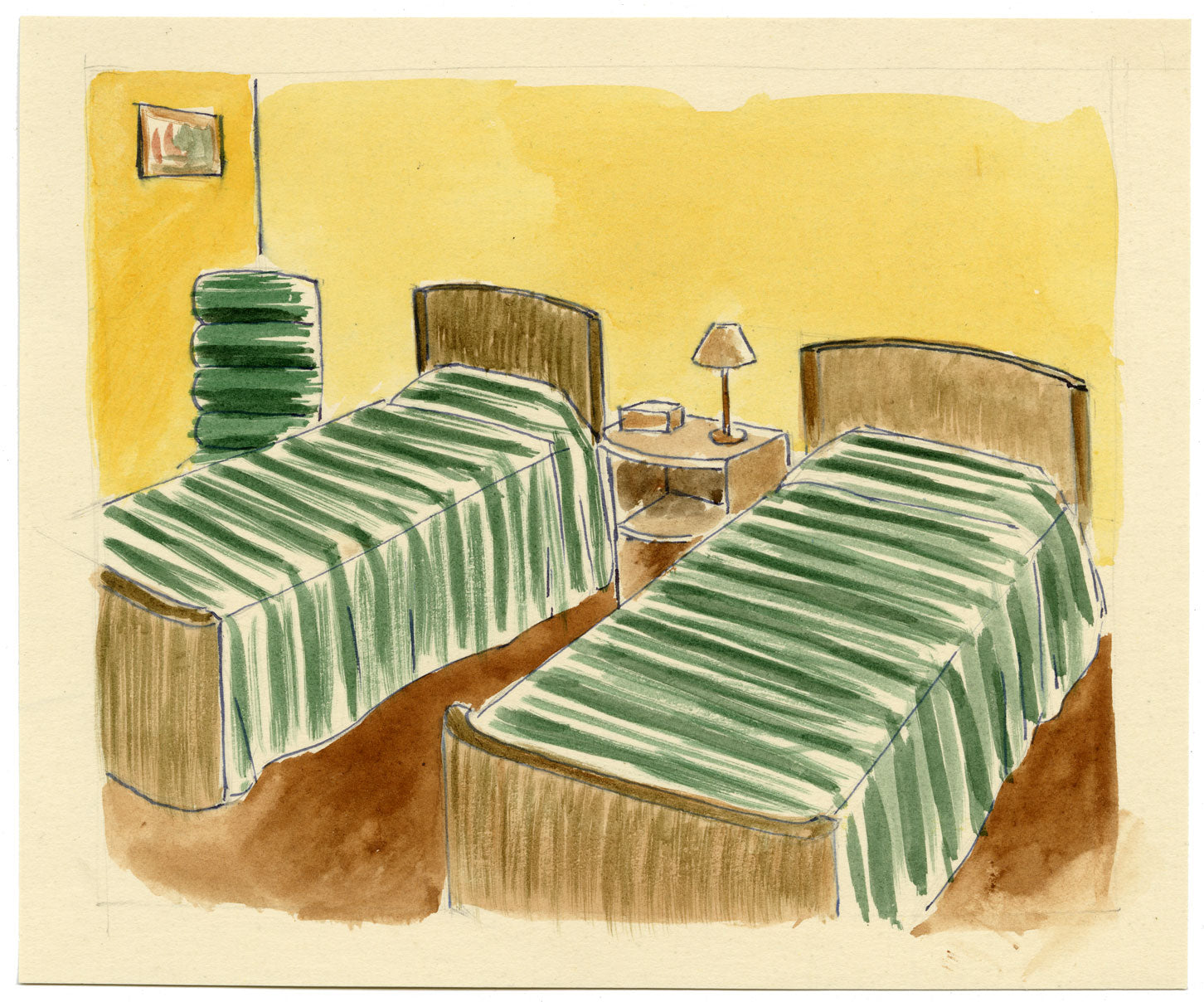 S. Foley, Interior Design 1950s Twin Bedroom – mid-20th-century watercolour