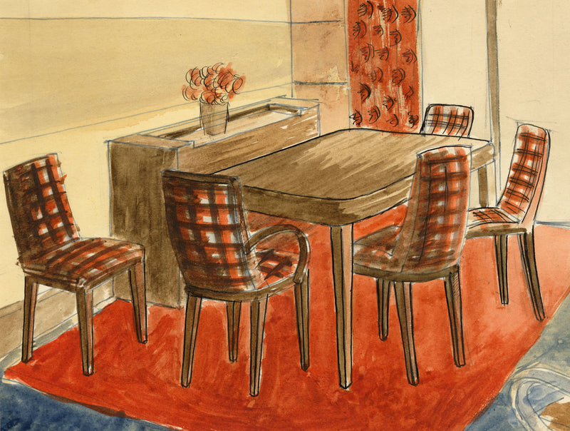 S. Foley, Interior Design 1950s Dining Room Table & Chairs–mid-C20th watercolour