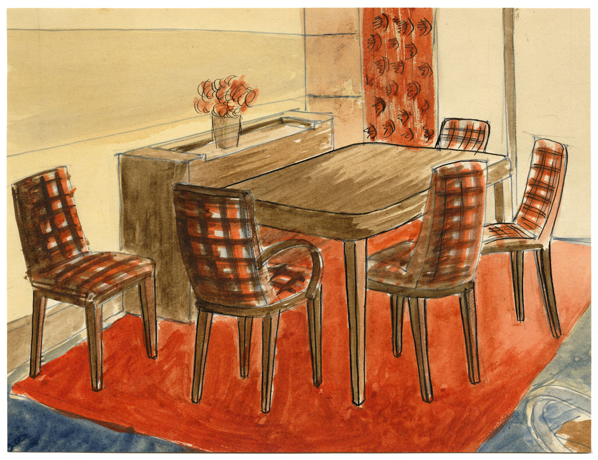 S. Foley, Interior Design, Tavolo e sedie da pranzo anni '50 - acquerello metà XX secolo
