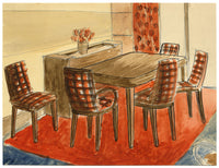 S. Foley, Diseño de interiores, Mesa y sillas de comedor de los años 50, acuarela de mediados del siglo XX