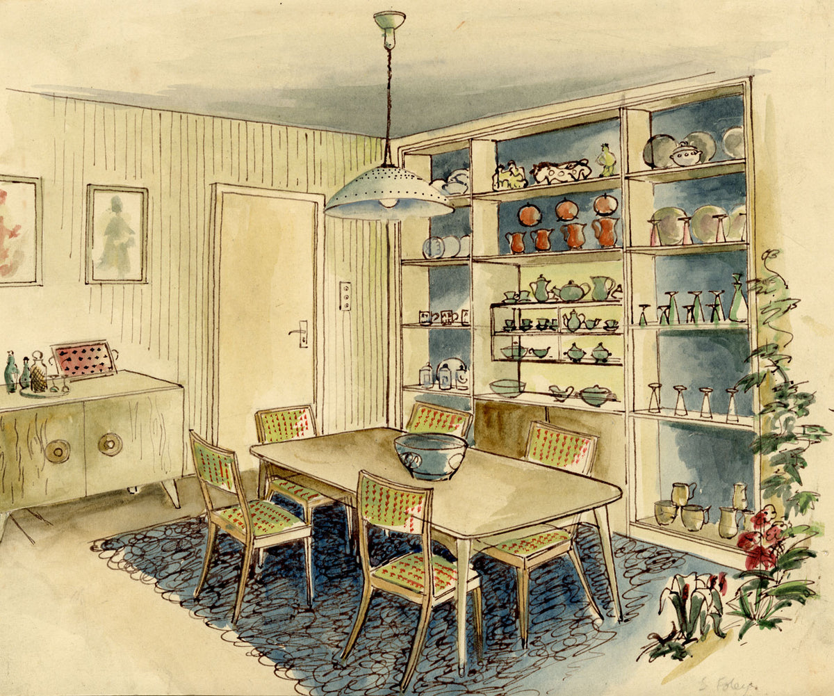 S. Foley, Interior Design 1950s Dining Room – mid-20th-century watercolour