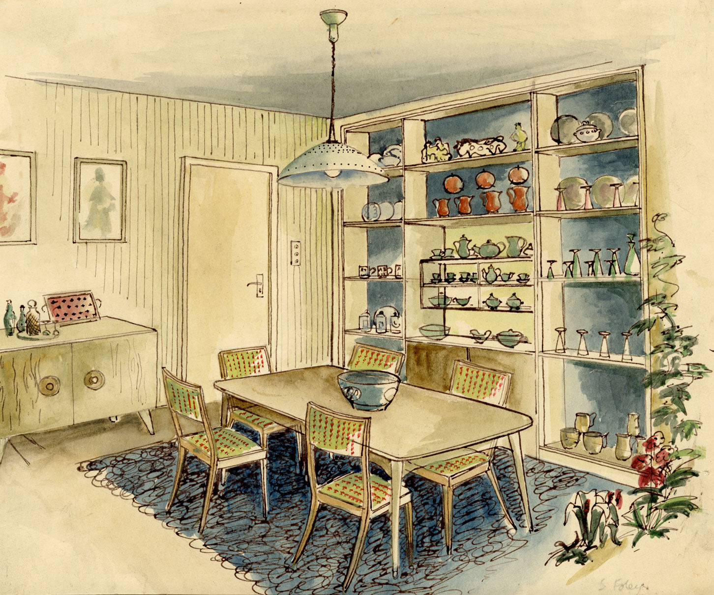 S. Foley, Interior Design 1950s Dining Room – mid-20th-century watercolour