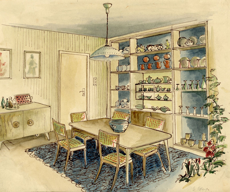 S. Foley, Interior Design 1950s Dining Room – mid-20th-century watercolour