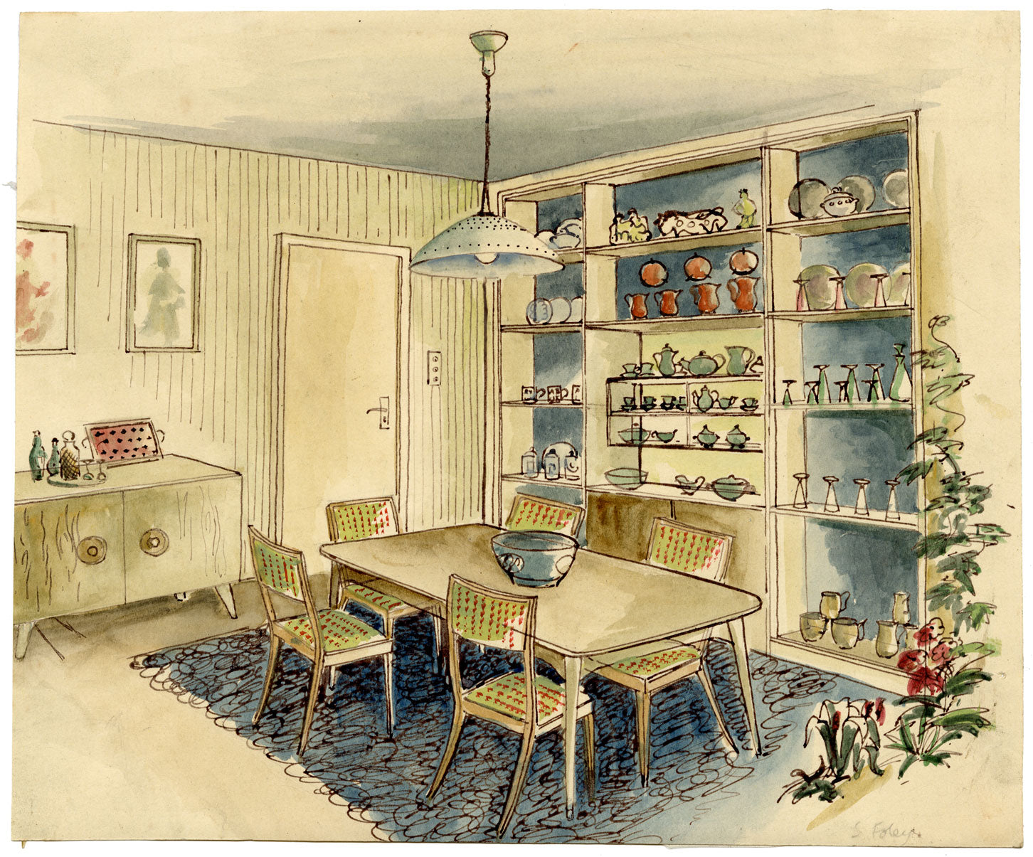 S. Foley, Interior Design 1950s Dining Room – mid-20th-century watercolour