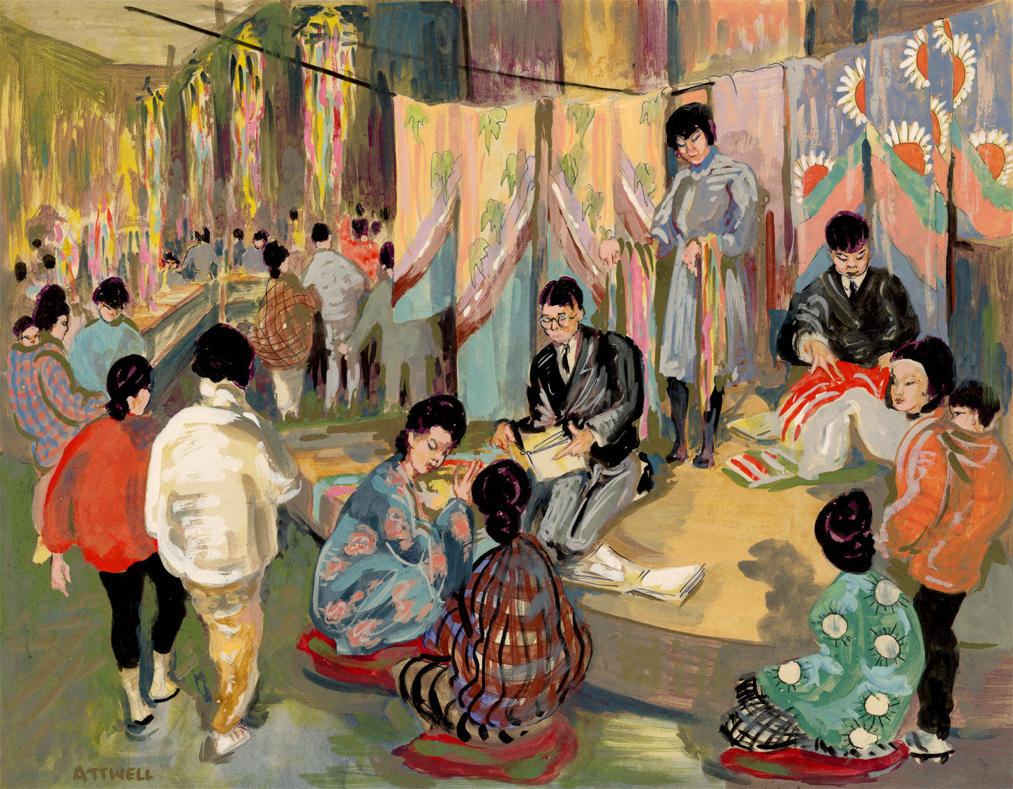 Ivy T. Attwell, Japanese Kimono Shopping Hall – Original 1950s gouache painting