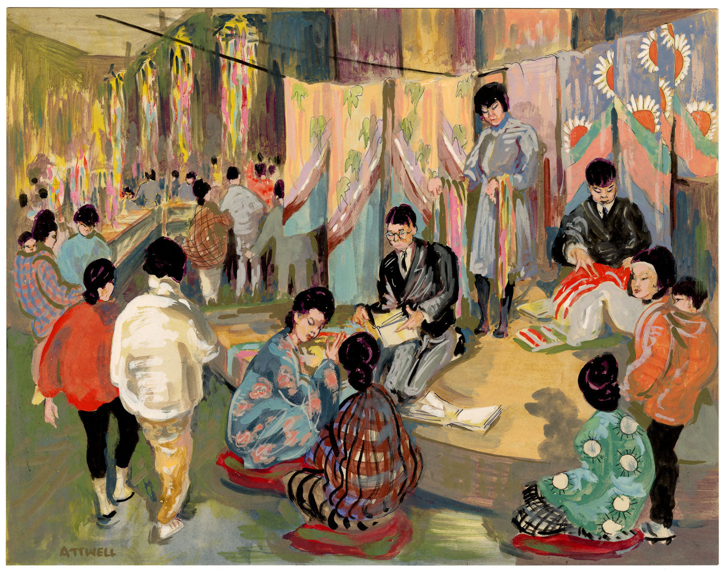 Ivy T. Attwell, Sala Commerciale Kimono Giapponese – Dipinto a guazzo originale degli anni '50