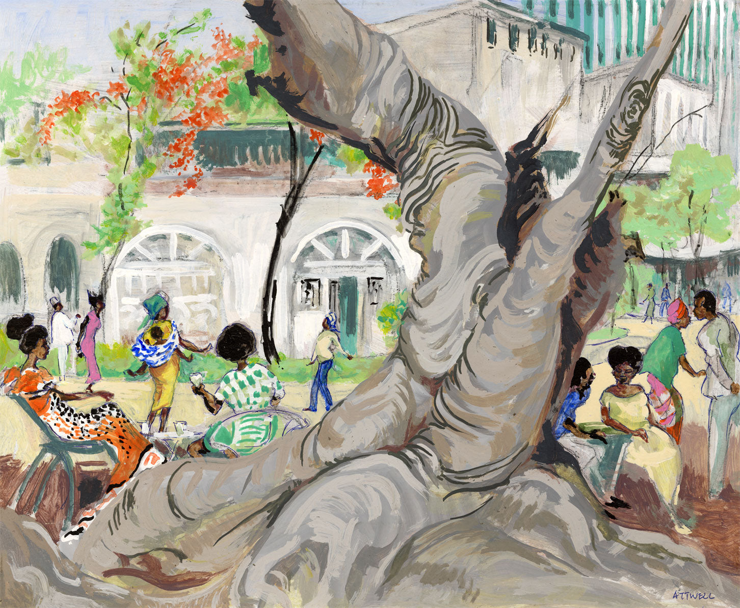 Ivy T. Attwell, Watching the World Go by, Africa – 1950s gouache painting