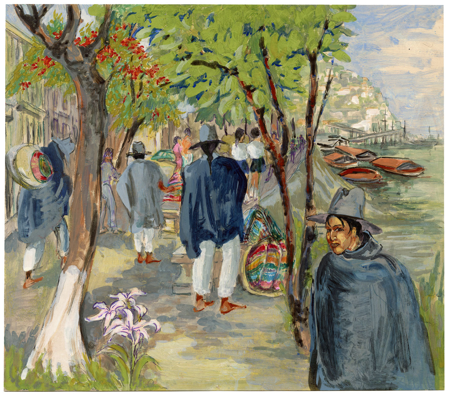 Ivy T. Attwell, Street Market, Perù – Dipinto a guazzo originale degli anni '50