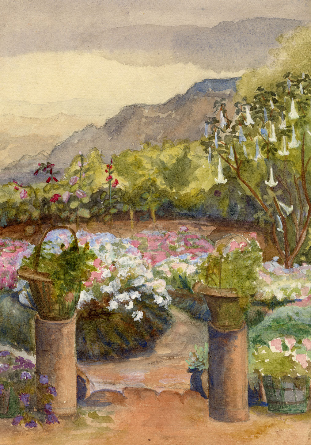 L.B.M., Flower Garden, Gulmarg, Kashmir, India – c.1925 watercolour painting