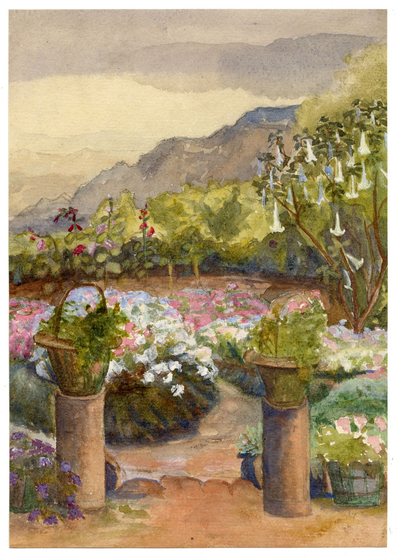 LBM, Giardino fiorito, Gulmarg, Kashmir, India – dipinto ad acquerello del 1925 circa