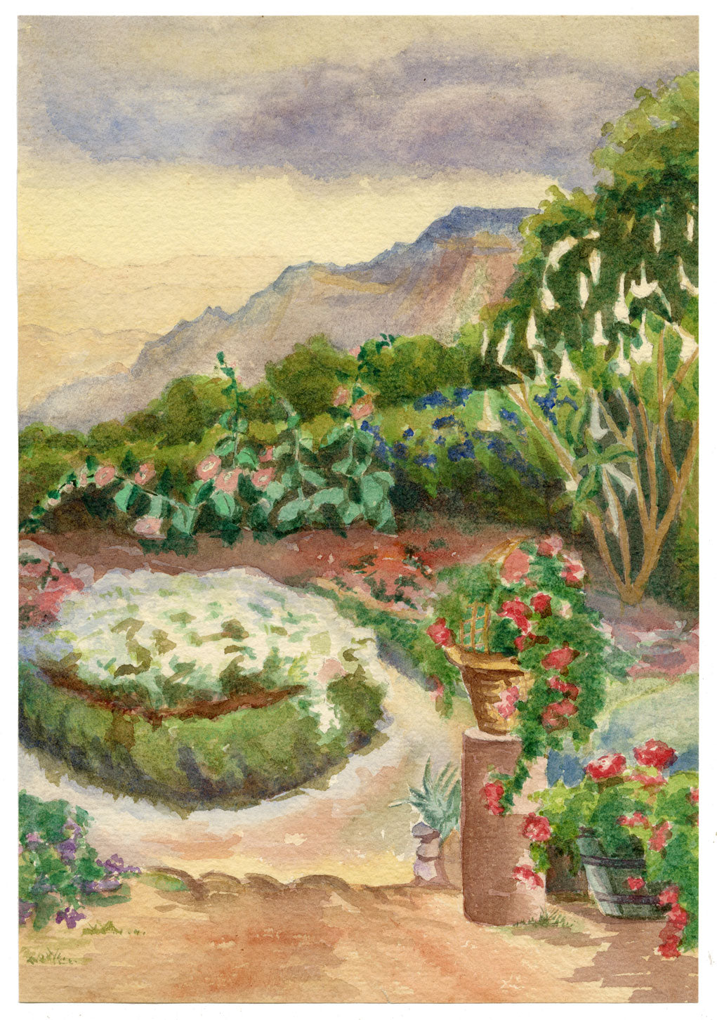 LBM, Giardino, Gulmarg, Kashmir, India – Dipinto ad acquerello originale del 1925 circa