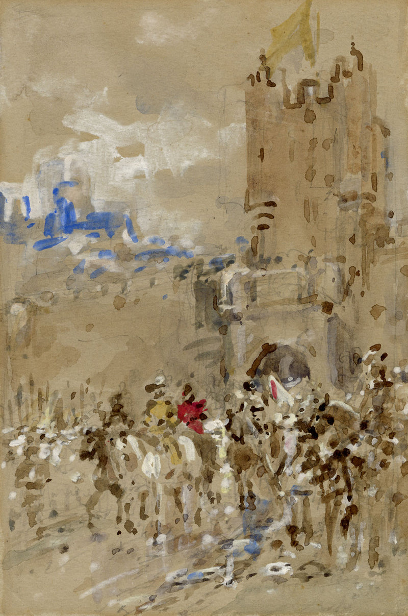 Ernest Crofts RA, Cavaliers on Horseback at the Gate – late C19th watercolour