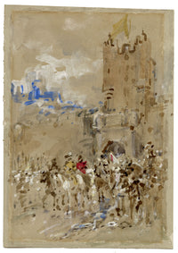 Ernest Crofts RA, Cavaliers on Horseback at the Gate – late C19th watercolour