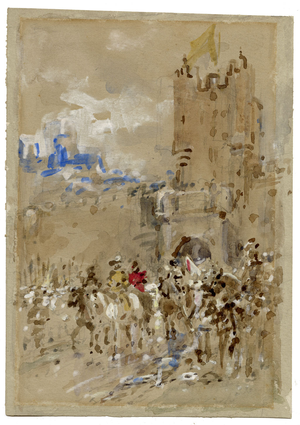 Ernest Crofts RA, Cavaliers on Horseback at the Gate – late C19th watercolour