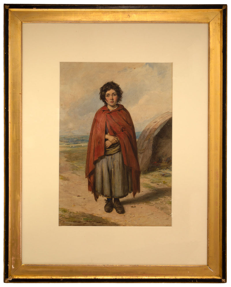 Octavius Oakley RWS, A Gypsy Girl in a Red Cloak –mid-C19th watercolour painting