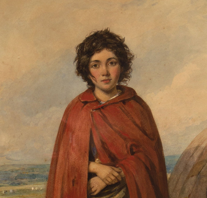 Octavius Oakley RWS, A Gypsy Girl in a Red Cloak –mid-C19th watercolour painting