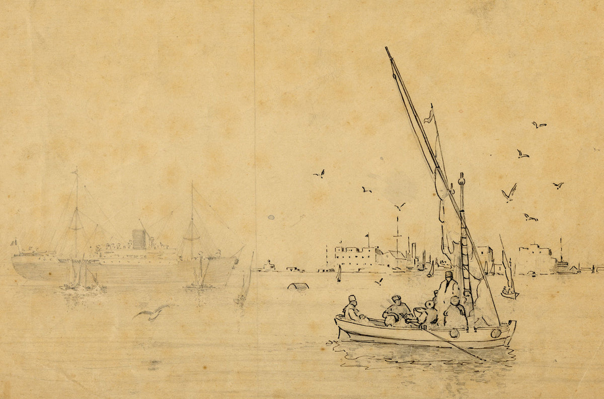 Port Said from the Water, Egypt – Original mid-19th-century pen & ink drawing