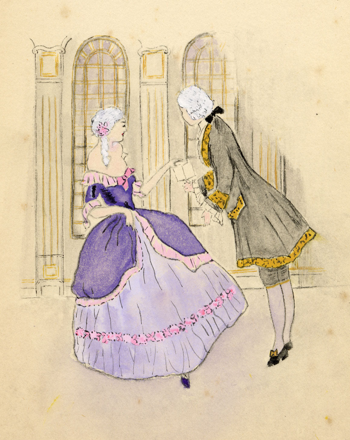 M. Hirst, Letter Exchanged, 18th-century Lovers – 1935 watercolour painting