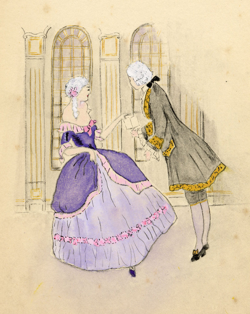 M. Hirst, Letter Exchanged, 18th-century Lovers – 1935 watercolour painting