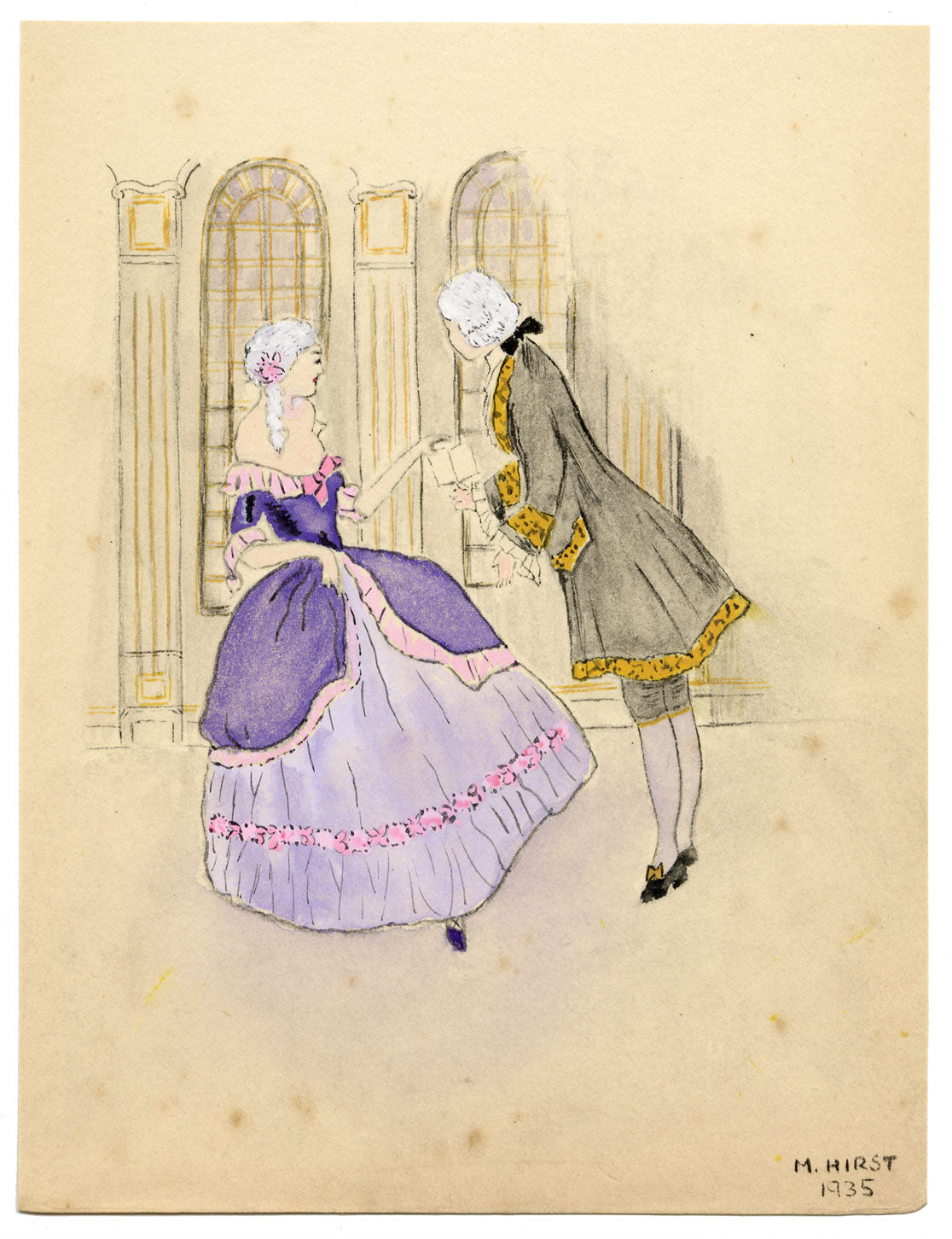 M. Hirst, Letter Exchanged, 18th-century Lovers – 1935 watercolour painting