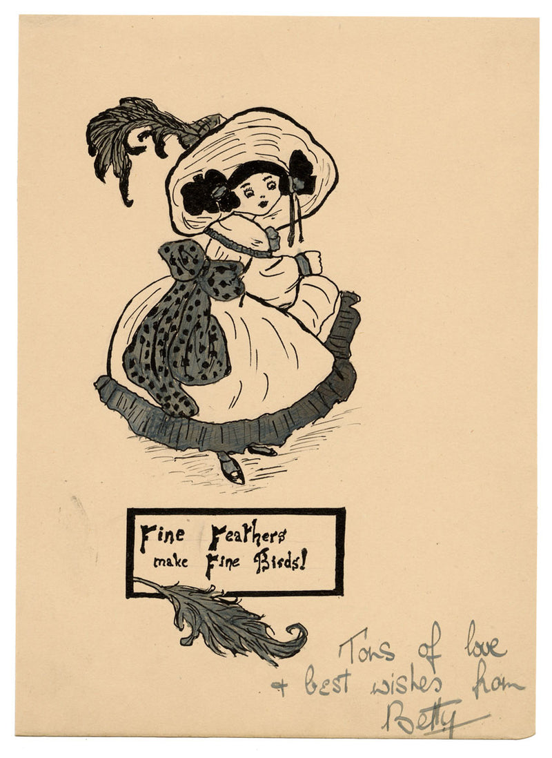 Dibujo Art Déco «Las plumas finas hacen pájaros finos»: dibujo a pluma y tinta de la década de 1920