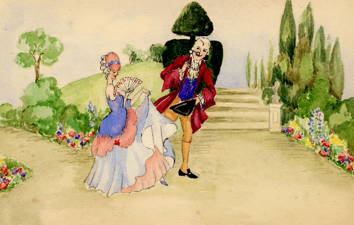 K.B.L., Courting Couple 18th-century – Original 1935 watercolour painting