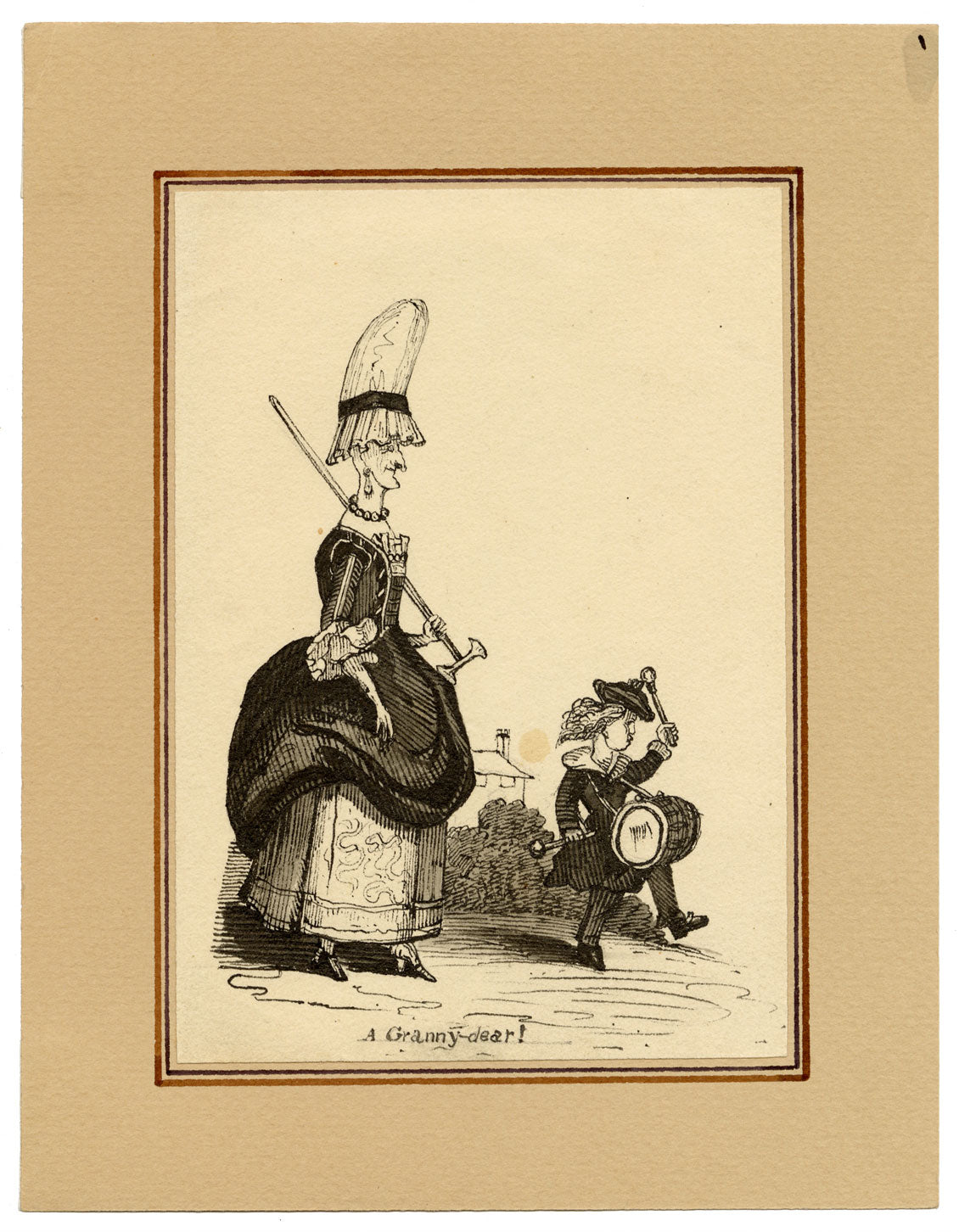 A Granny-dear! Caricature Cartoon – Original c.1830 pen & ink drawing