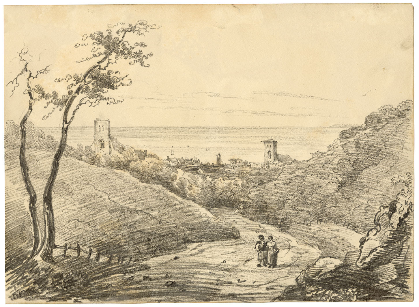 Henry William Burgess, Continental Sea View – Original c.1830s graphite drawing