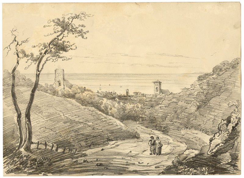 Henry William Burgess, Continental Sea View – Original c.1830s graphite drawing