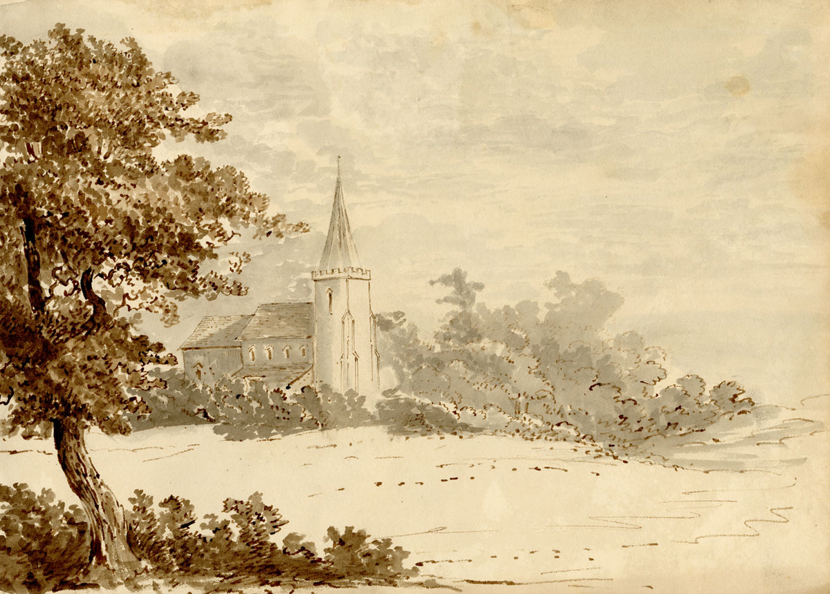 Henry William Burgess, Tree with Church – Original c.1829 watercolour painting