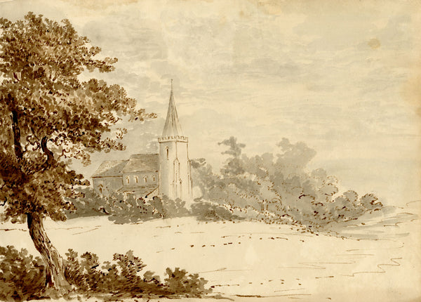 Henry William Burgess, Tree with Church – Original c.1829 watercolour painting