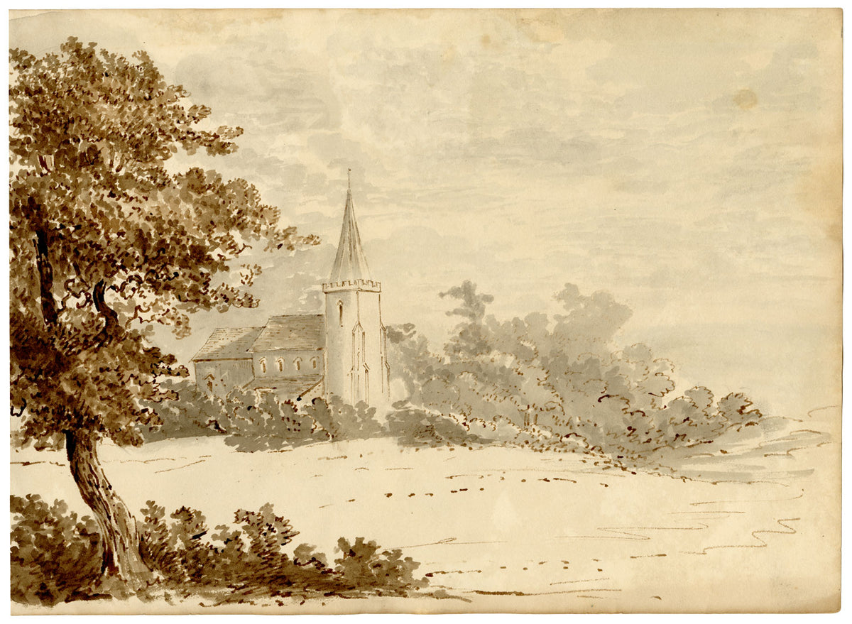 Henry William Burgess, Albero con chiesa – Dipinto ad acquerello originale del 1829 circa
