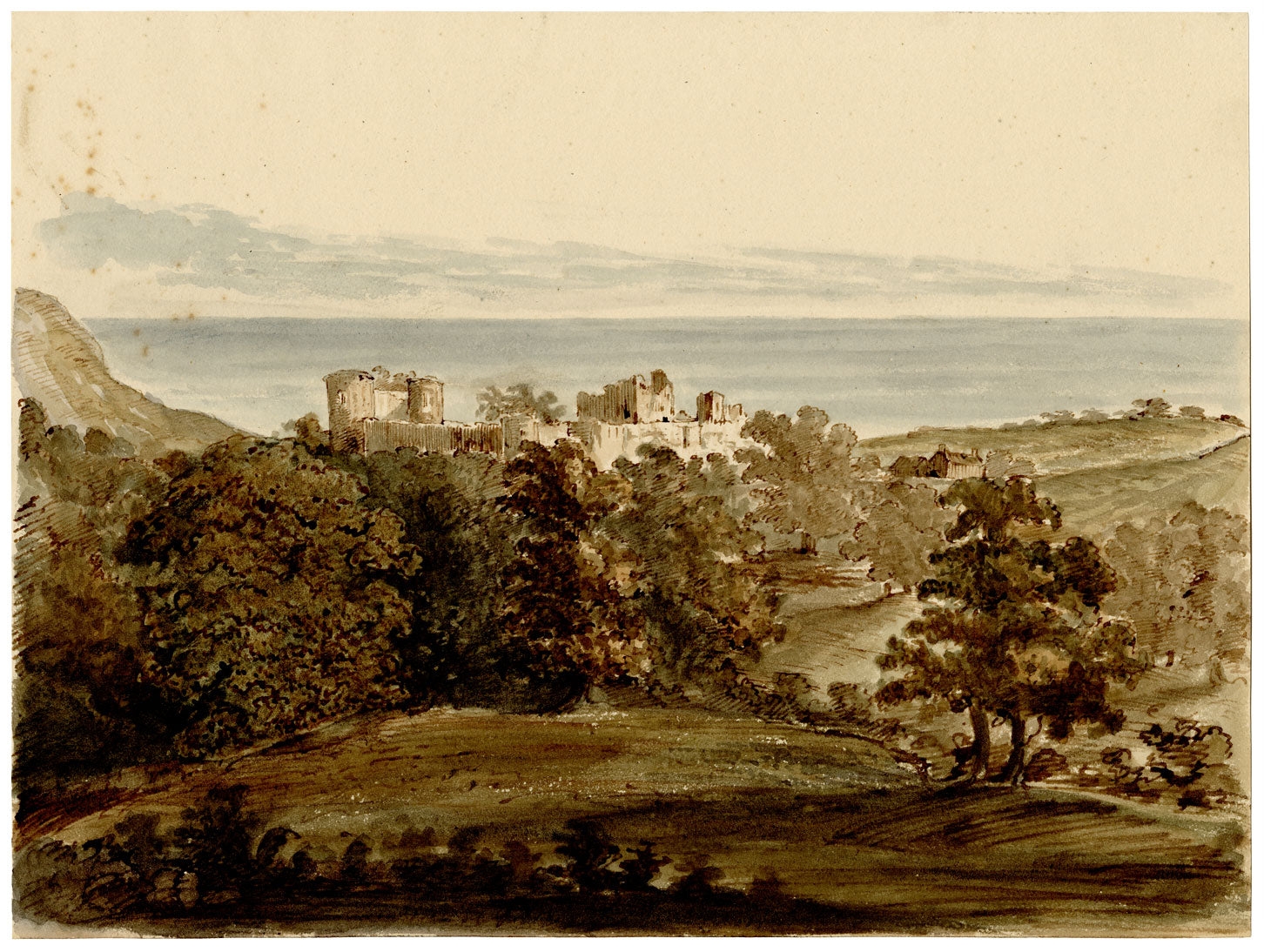Henry William Burgess, Sea View with Castle Ruin – c.1829 watercolour painting